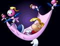 Rayman endormi dans un hamac porté par un groupe d'Électoons.