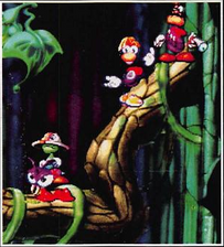 Cette image montre un petit Livingstone sur une araignée, Rayman et un Chasseur dans un environnement inconnu.