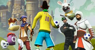 La plupart des héros des jeux Ubisoft apparaissant dans Academy of Champions: Football. De gauche à droite : Rayman, le Prince du Prince of Persia de 2008, Sam Fisher de la série Splinter Cell, un Lapin Crétin et Altaïr de la série Assassin's Creed. Il manque uniquement Jade du jeu Beyond Good & Evil, réalisé par Michel Ancel.