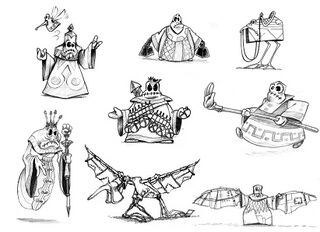Ensemble de concept arts représentant des Hoodlums. On peut aussi les voir dans l'artbook de Rayman 3. De haut en bas et de gauche à droite : un Bracadabreur, un Toupignard, un Hoodlum inconnu, un Boomboleros, un Hallebaffier, un Bracadabreur, un Hoodlum inconnu et un Flapoteur.