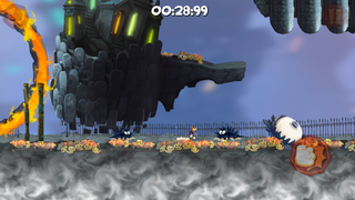 Rayman fuyant un cercle de pierre roulant et enflammé en évitant les Darktoons piquants.