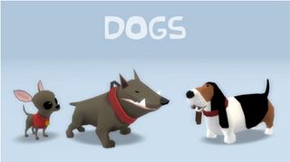 Artwork des différentes races de chiens de The Lapins Crétins : La Grosse Aventure. De gauche à droite : un chihuahua, un pitbull et un basset.