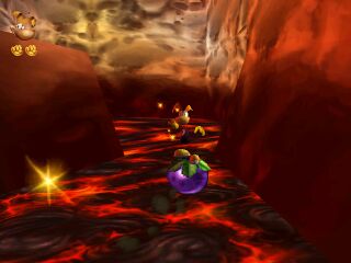 Rayman navigant sur une rivière de lave.
