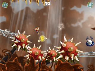 Rayman volant vers une autre pièce de la mort surplombant des fleurs piquantes.