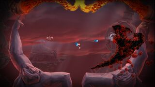 Rayman blessant la Nuée maléfique avec le poing volant.