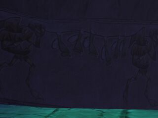 Une fresque représentant deux Knaarens portant une branche où sont attachés des Ptizêtres.