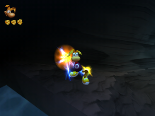 Rayman préparant une boule d'énergie avec un poing de force.