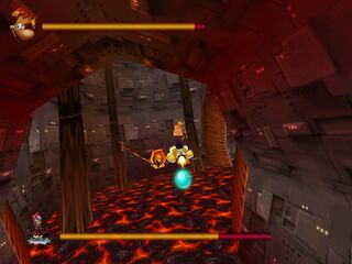 Rayman affrontant Barbe-Tranchante dans son Grolgoth dans une salle de lave de l'Écumeur.