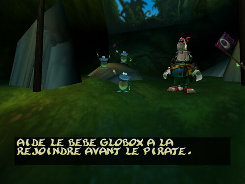 Un bébé Globox et le Pirate Lunette dans un niveau bonus de Rayman 2.