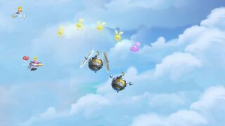 Des bombes à hélice arrivent alors que Rayman et le moustique géant se dirigent vers la Terre gourmande.