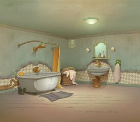 Concept art de la salle de bain de l'appartement de Grub.