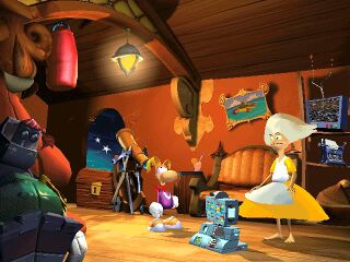 Clara aux côtés de Rayman. La sorcière dépasse largement le héros en taille.