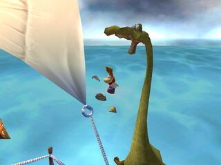Un Paluchard aide Rayman à remonter sur le bateau s'il tombe dans la Mer Hic.