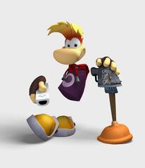Rayman tenant une télécommande Wii et un pistolet à ventouses.