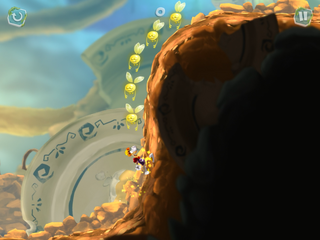 Rayman courant sur un mur.