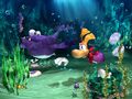 Artwork de Rayman nageant avec Carmen dans la Baie des Baleines.