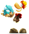 Artwork de Rayman tenant un Sniffleur dans ses mains.