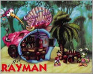 Rayman avec un ancien design devant la crêperie-buvette de Joe, ici dans la Forêt des Songes.