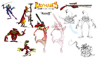 Ensemble de concept arts et d'artworks représentant Razoff.