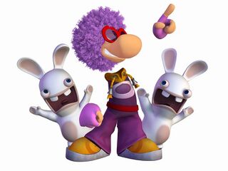 Rayman portant le costume Disco entouré de Lapins Crétins.