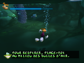 Rayman apprenant à nager dans Rayman Revolution.