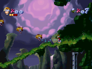 Rayman capture une plate-forme effrayée avec son poing télescopique