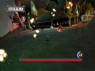 Rayman affrontant des Jamboombeurs avec la Cyclotorgnole.