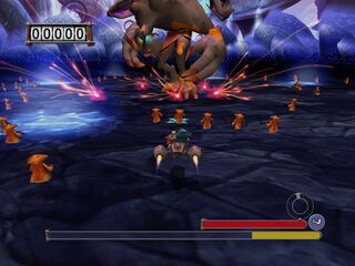 Rayman et Globox affrontant Reflux dans le plan astral du Leptys.
