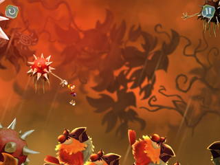 Rayman se balançant au-dessus d'un groupe d'oiseaux multicolores.