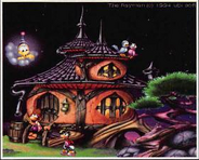 Rayman avec un ancien design devant la maison du Musicien dans les Montagnes Bleues.