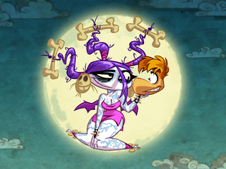 Fond d'écran de la Fée de la Mort tenant la tête de Rayman, en référence à la pièce de théâtre Hamlet.