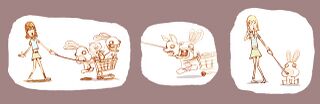 Concept arts de civiles dont le chihuahua est avalé par le Lapin pilote.