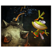 Sur le tableau représentant Poursuite dans le donjon, on peut voir Murfy couper la corde qui retient un boulet.