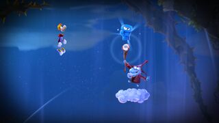 L'Ancien Ptizêtre donnant un poing volant à Rayman.