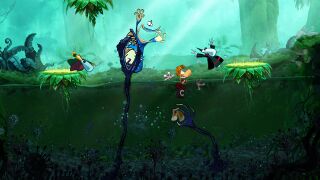 Cette image datant du développement de Rayman Origins montre un tentacule bleu foncé terminé par une gueule et un autre terminé par une main à quatre doigts.