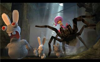 Des Lapins zombies fuyant Rayman avec le costume Disco chevauchant une araignée géante.