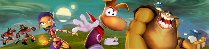 Principal écran de chargement de la version PC. On peut y voir, de gauche à droite : deux Sbires Rouges, la fée Ly, Rayman, le géant Clark et des bébés Globox.