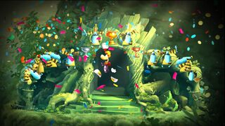 Cette image datant du développement de Rayman Legends montre les Ptizêtres libérés au cours du niveau, rassemblés autour de la porte de sortie.