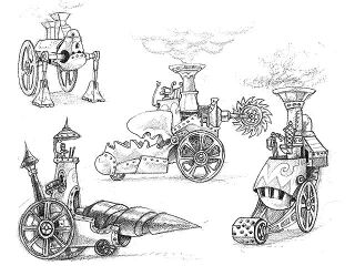 Ensemble de concept arts représentant des machines Hoodlums. On peut également les voir dans l'artbook de Rayman 3.