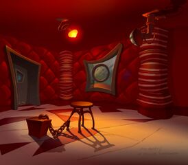 Concept art de la cellule capitonnée d'Harold, avec une luminosité différente.