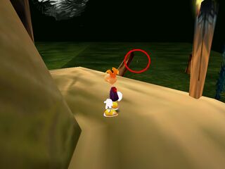 Un bug dans Rayman 2 peut faire apparaitre une version miniature de Jano dans les Marais de l'Éveil, ici dans la version PC.