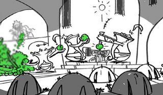 Concept art montrant des Magiciens Rouges et des fakirs en train de sacrifier de petits pois.