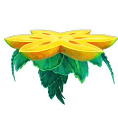 Une tranche de fruit jaune volante de la Terre gourmande et des Lacs exquis.