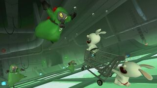 Cette image datant du développement de The Lapins Crétins : La Grosse Aventure montre des Vermivolants attaquer l'Équipe Crétine.
