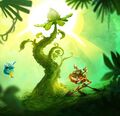 Artwork de Rayman Adventures représentant Barbara, une Incrediball et l'Arbre Sacré.