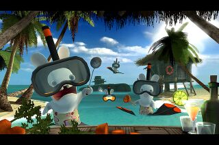Cette image datant du développement de Rayman contre les Lapins Crétins montre des Lapins-Grenouilles dans Les lapins sont accros au jus de carotte.
