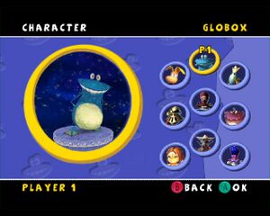 Globox dans le menu de sélection des personnages des versions Xbox et GameCube de Rayman Arena.