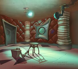 Concept art de la cellule capitonnée d'Harold.