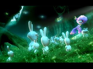 Rayman avec le costume Disco devant des Lapins zombies subjugués.