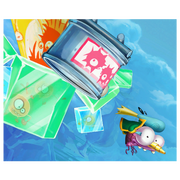 Des poissons piquants roses sur l'étiquette d'une conserve sur le tableau de Tu t'enflammes ! (Retour aux Origines).